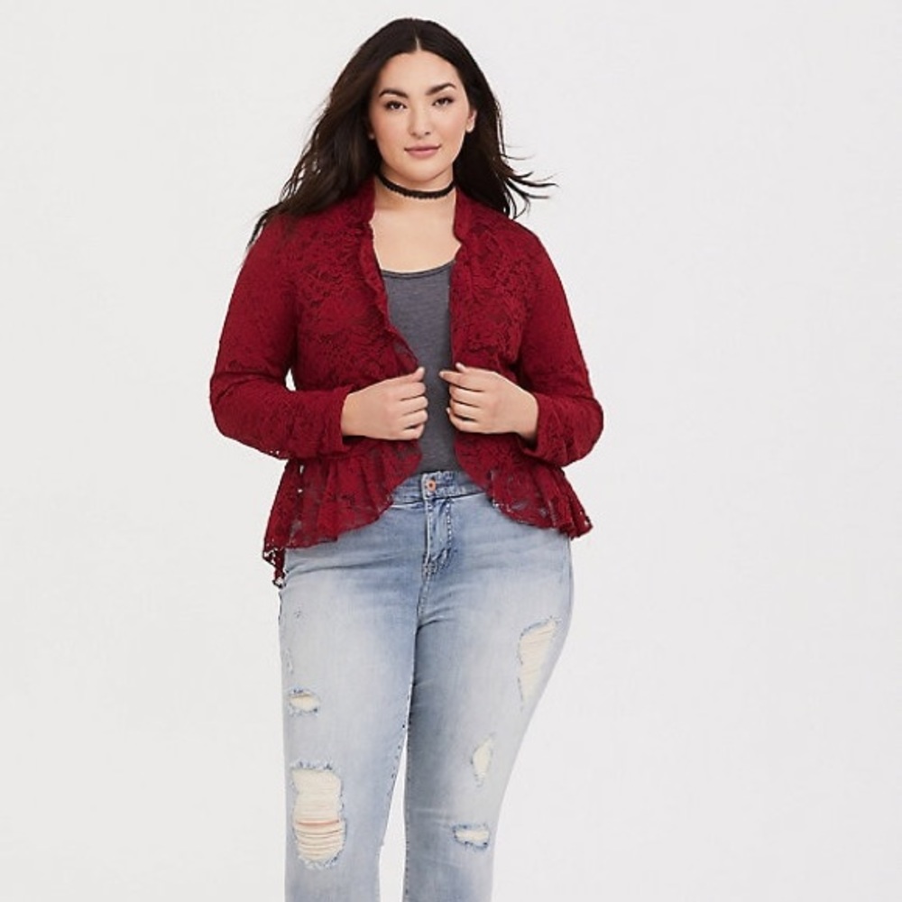 RED LACE PEPLUM MILITARY JACKET